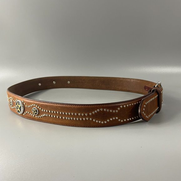 Tony Lama Brown Leather Silver-tone Studded Belt, Size 38 - Picture 6 of 13